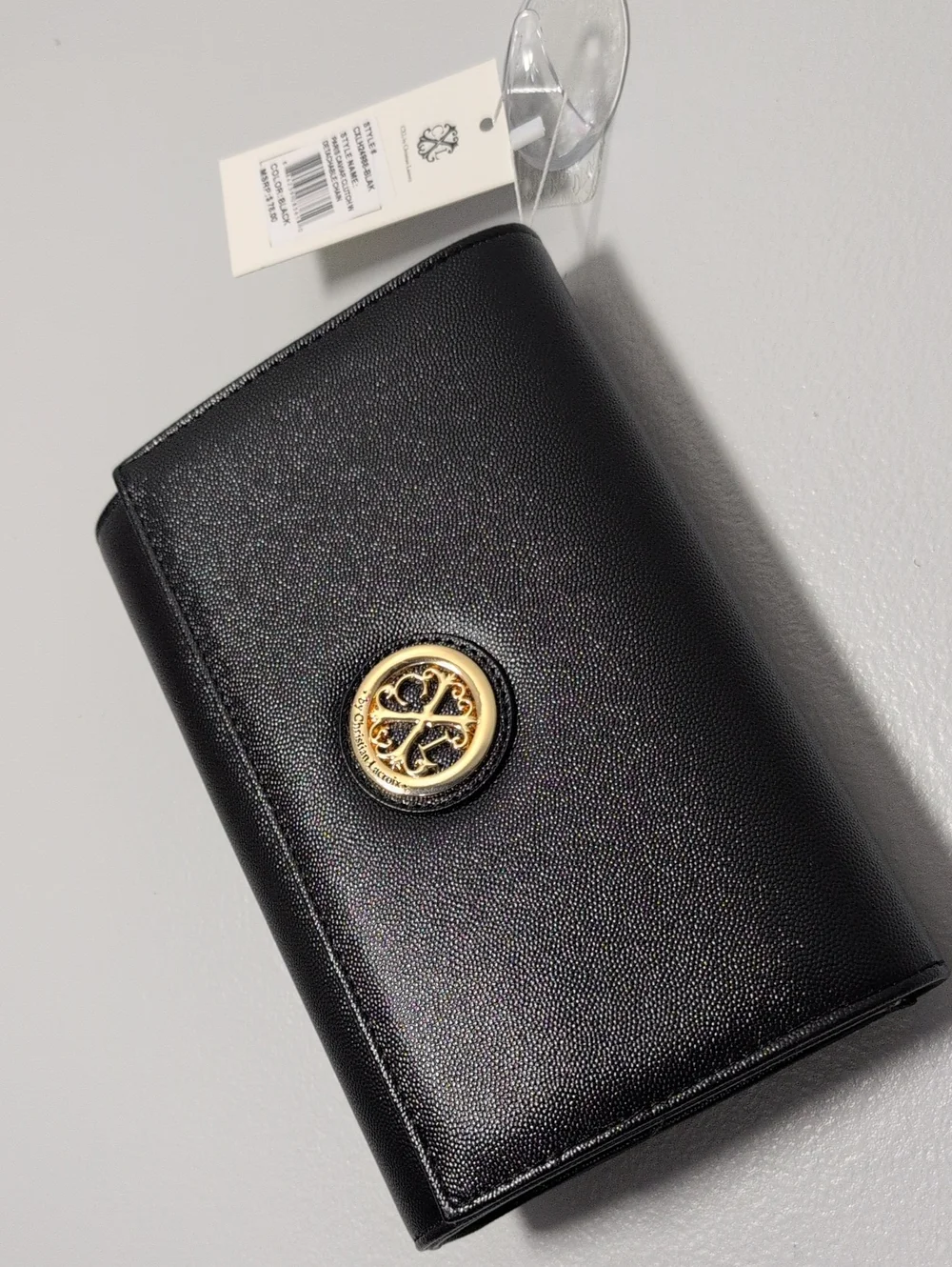 Christian Lacroix Black Pebbled Leather Wallet with Gold Medallion